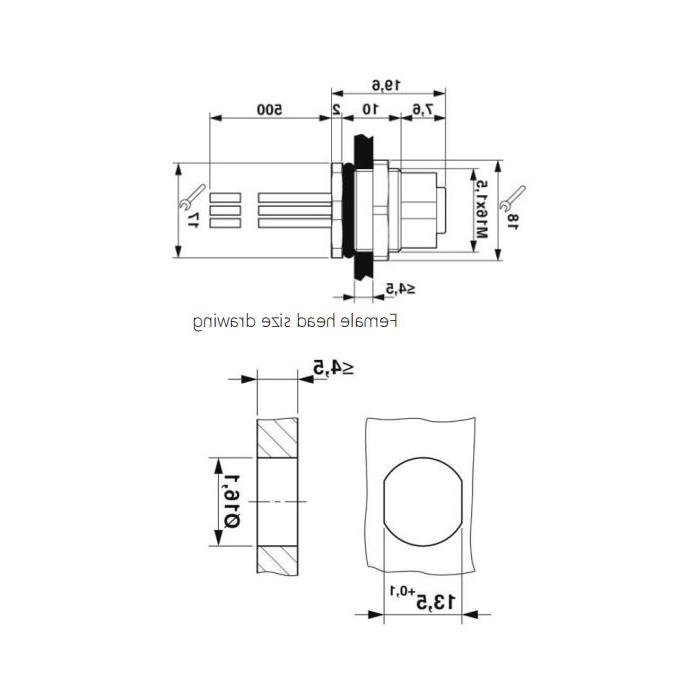 M12 12Pin、Female、Flanged connector、Board rear mount、Pre cast UL electronic cable、64SC61-XXX